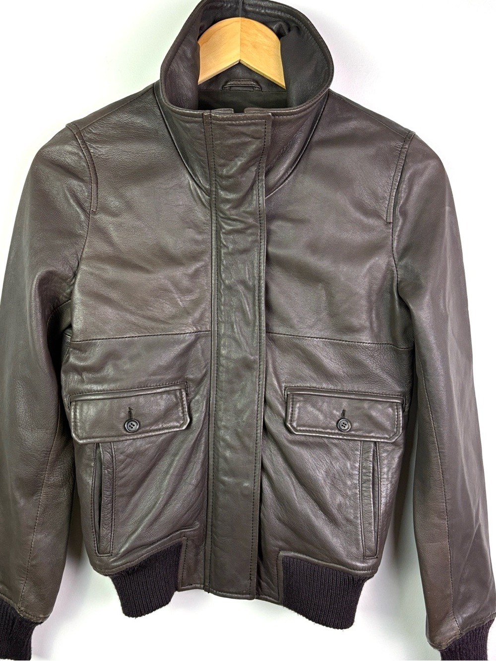 Theory Brown Leather Bomber Jacket size XS